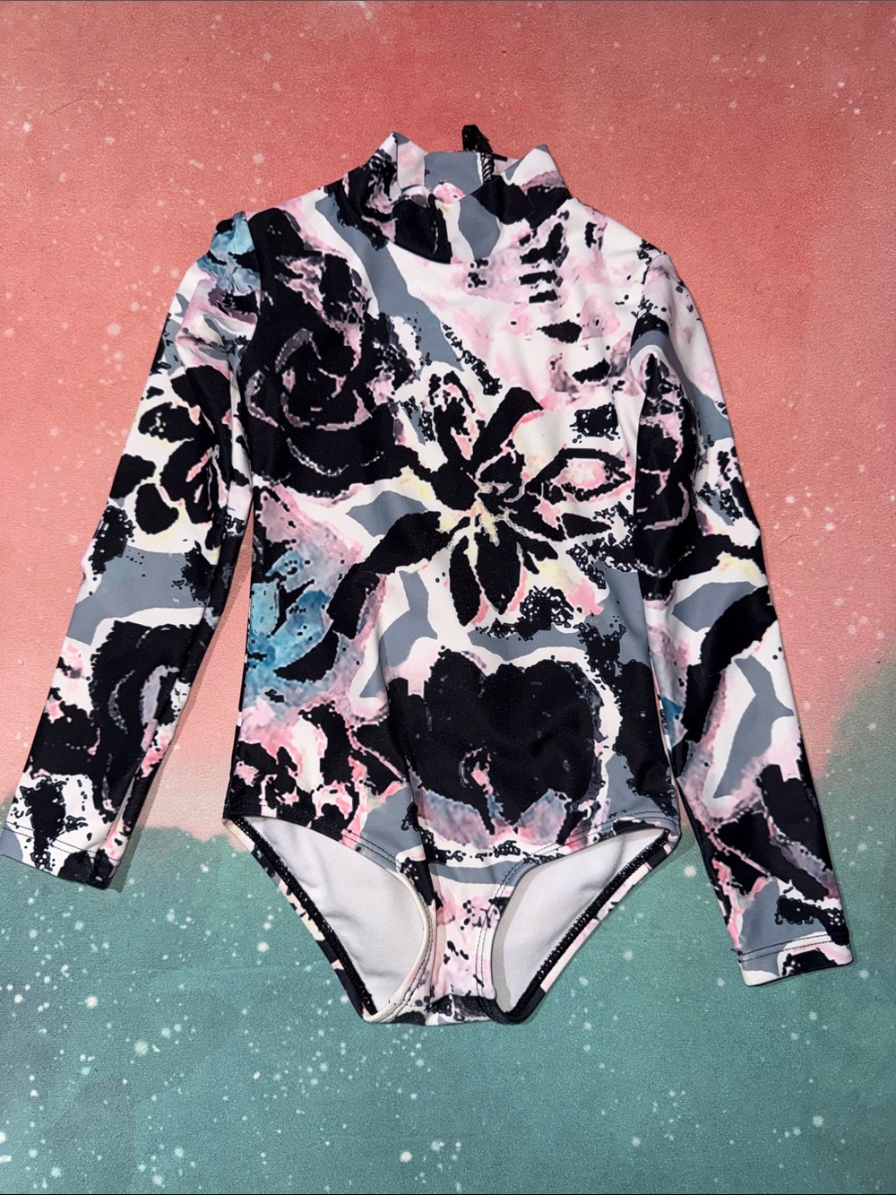Mott50 Girls Long-Sleeve Floral One-Piece Swimsuit in Pink, Black & Gray 2t
